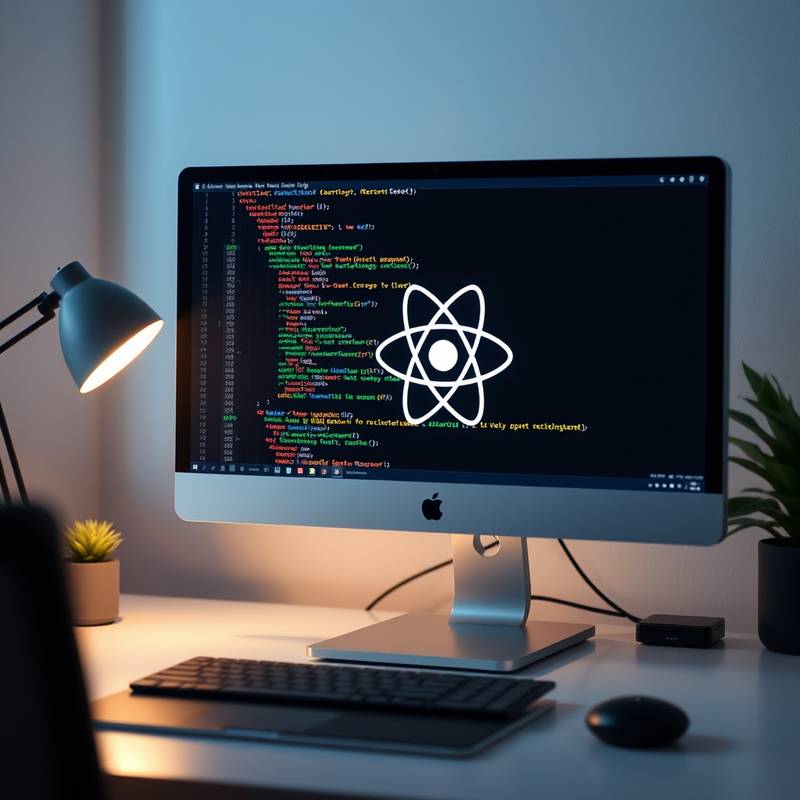 Imagen del curso de Desarrollo Web Front-End mostrando un monitor con código React